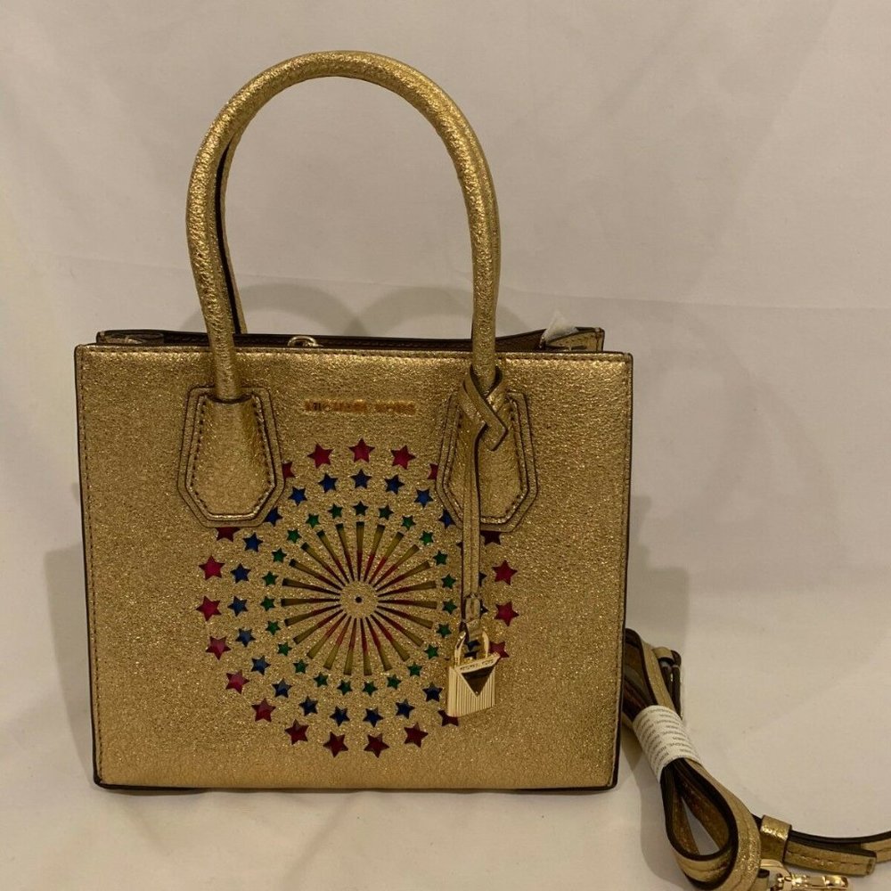 MICHAEL Michael Kors Mercer Small Messenger Studio Disco Leather Bag NWT Gold